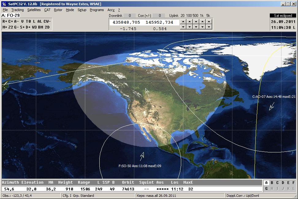 Figure 8 — SatPC32 — the long-standing Windows favorite: world map, rotator azimuth/elevation readout, and the CAT frequency display with Doppler-corrected up/down frequencies during a pass. Source: dk1tb.de …