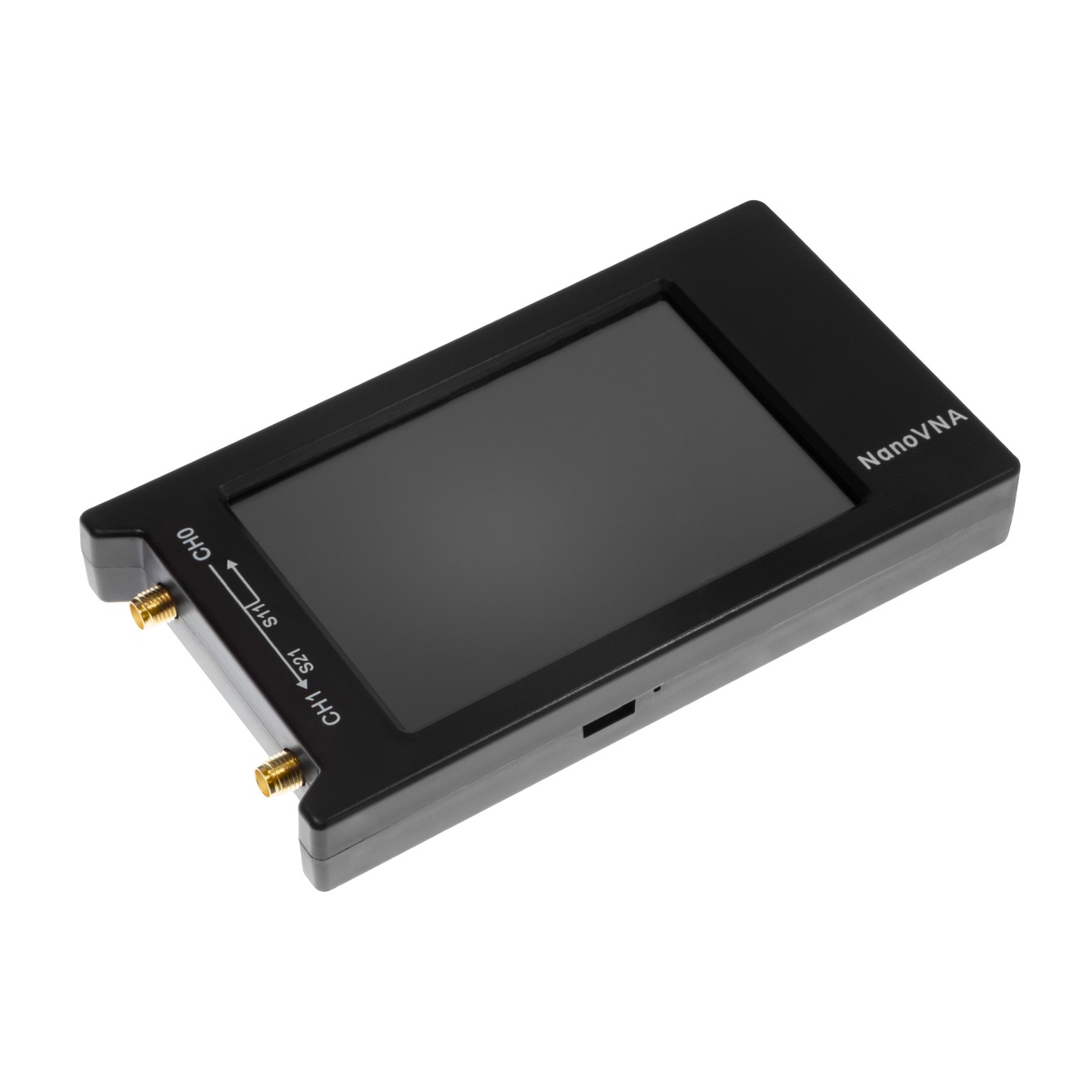 Figure 5 — The Nooelec NanoVNA-H4 — the mid-tier entry point this survey's table opens from, a 4″-screen unit with dual SMA ports and a USB-C connection for host-software use. Photo: Nooelec product photography.