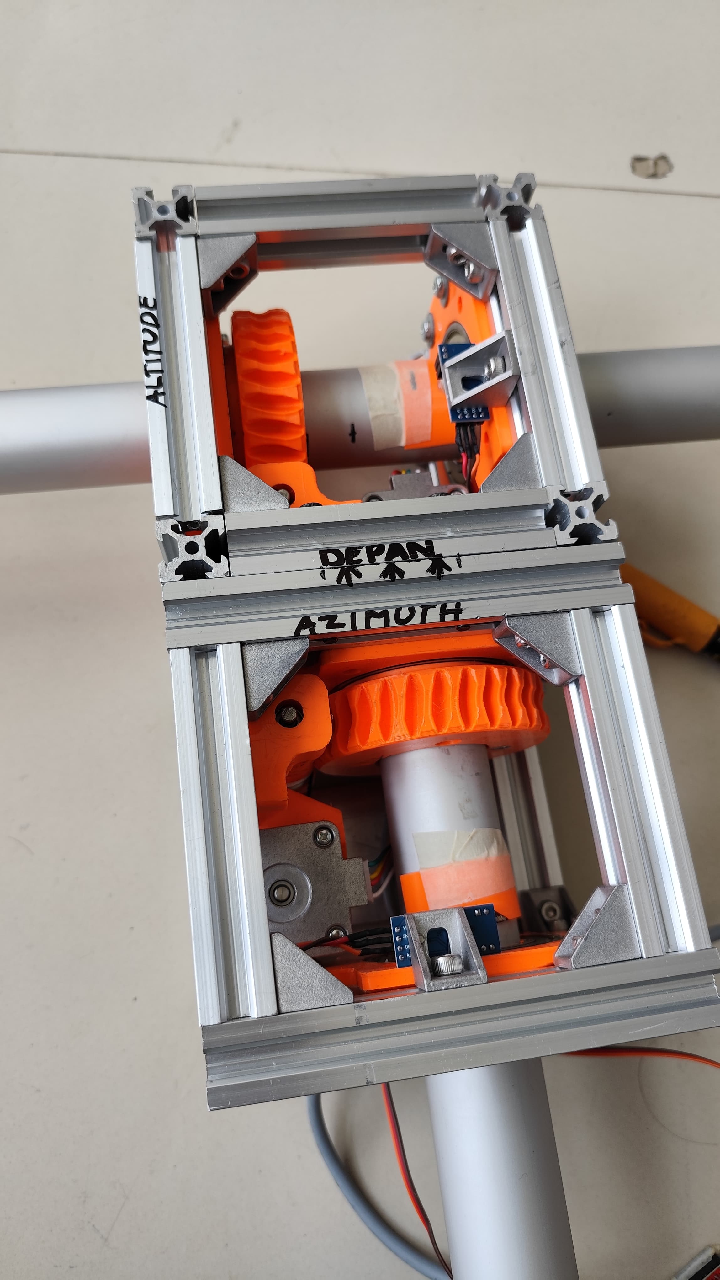 Figure 5 — A 3D-printed az/el rotator of the SatNOGS pattern: an aluminium-extrusion frame, printed worm gears, stepper motors, and small breakout boards at each axis consistent with magnetic rotary encoders.…