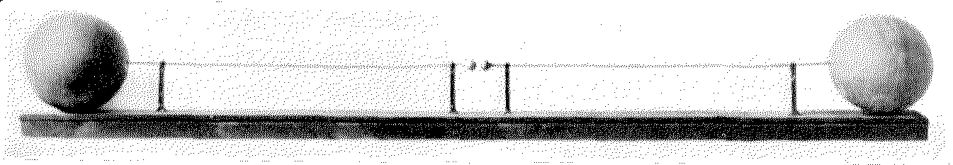 Figure 4 — Heinrich Hertz's first oscillator (c. 1886) — two 1 m copper wires on wax insulators with a center spark gap and zinc end spheres. Its two 1 m arms set a bare half-wave resonance near 75 MHz, but t…